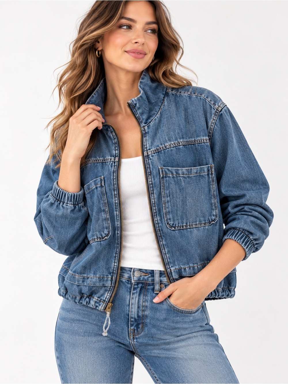 Democracy Drapey Denim Jacket M Zip Front Utility Drawstring Blue Lined